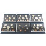 Six Royal Mint annual coin sets for 1988, 1994, 1995, 1997, 1998.