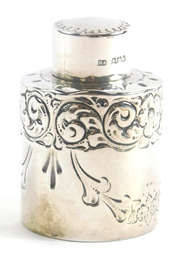 A late Victorian silver dressing table jar and cover, by Atkin Brothers, of cylindrical form, decora