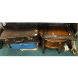 A quantity of mid 20thC suitcases, an oak sewing table, oak frame, etc. (contents under one table)