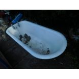 An enamel bath tub, with stainless steel hot and cold taps, 166cm wide, and four feet.