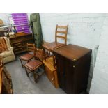 A set of five oak dining chairs, with drop in seats, an oak bedside cabinet, and a further cabinet.