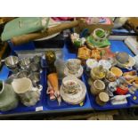 Part tea wares, nativity set, a cottageware teapot, 1950 leather handbag, beaded bag, etc. (a quant