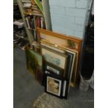 A quantity of pictures, prints, etc., to include a Pre Raphaelite style print, musical instrument pl