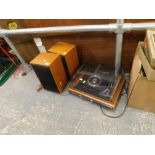 A HMV record player, two associated teak cased speakers. WARNING! This lot contains untested or unsa