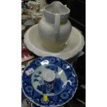 A wash jug and bowl, an oriental blue and white cake stand, etc. (a quantity)