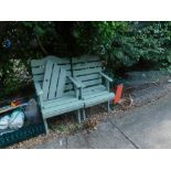 Two green painted garden chairs and kneeler.