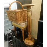 A collection of furniture, to include a jardinere stand, pine framed foot stool, wicker hamper, foot