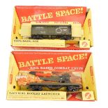 A Hornby Tri-ang OO gauge Battle Space Exploding Car, and a tactical rocket launcher, each with a sq