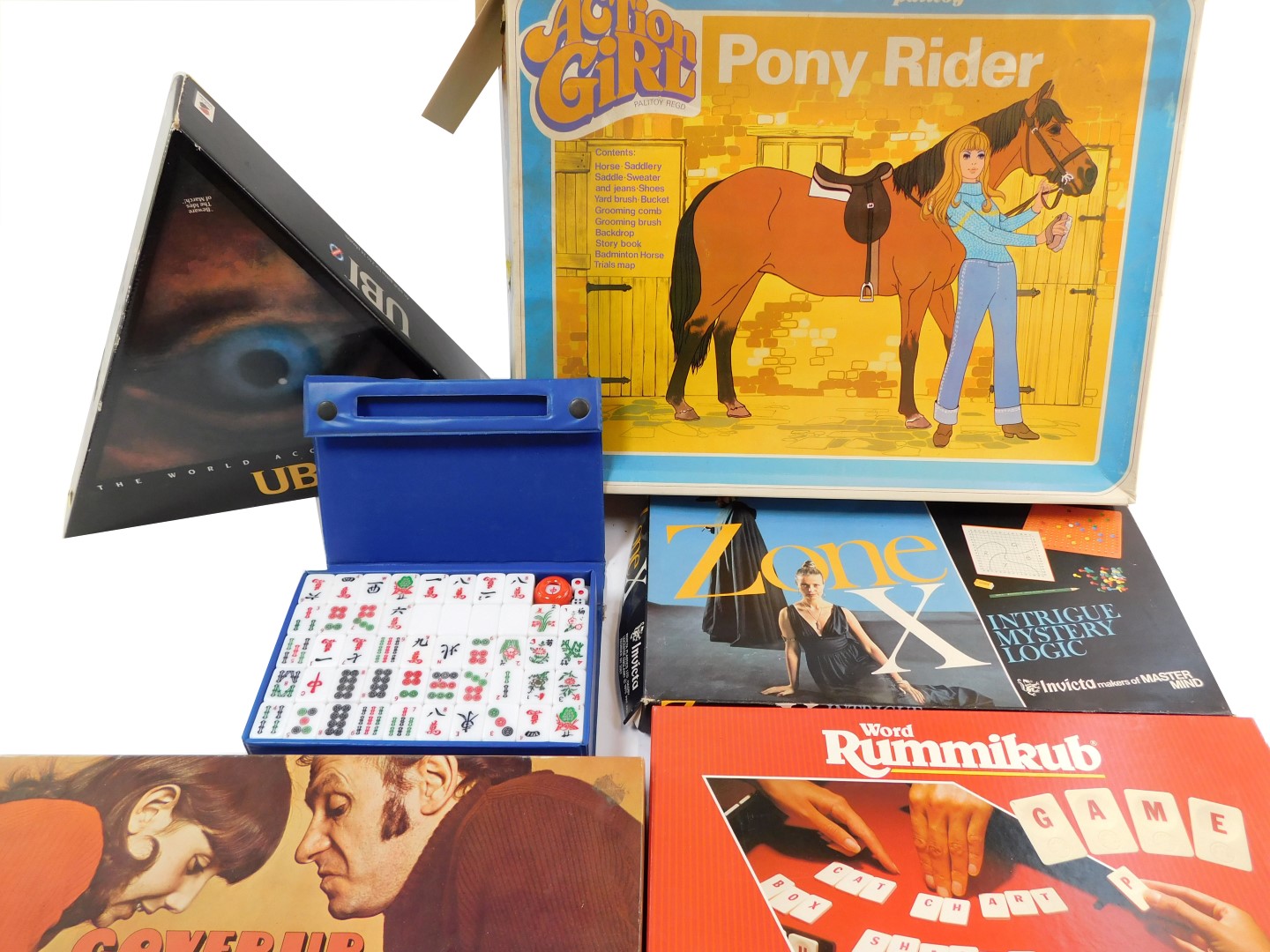 Games and toys, including Action Girl pony rider, Zone X, UBI, and Mahjong. (6)