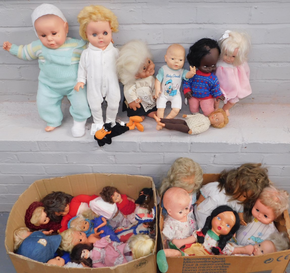 A group of various dolls, to include large plastic baby models, and others, mainly unmarked. (2 boxe