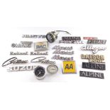 Car body name plates, including Maxi, Austin Allegro, Fiat, Suzuki and Alpine, metal and plastic, to