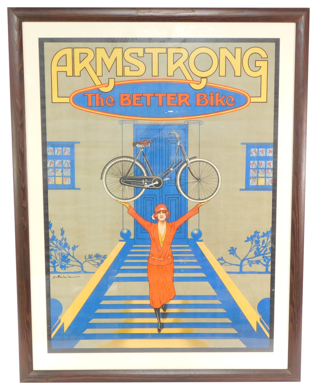 An Armstrong advertising poster The Better Bike, showing a lady holding aloft a lady's bicycle, 95cm