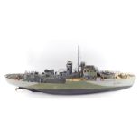 A plastic kit built model of the HMCS Snowberry, flower class corvette, 87cm wide.