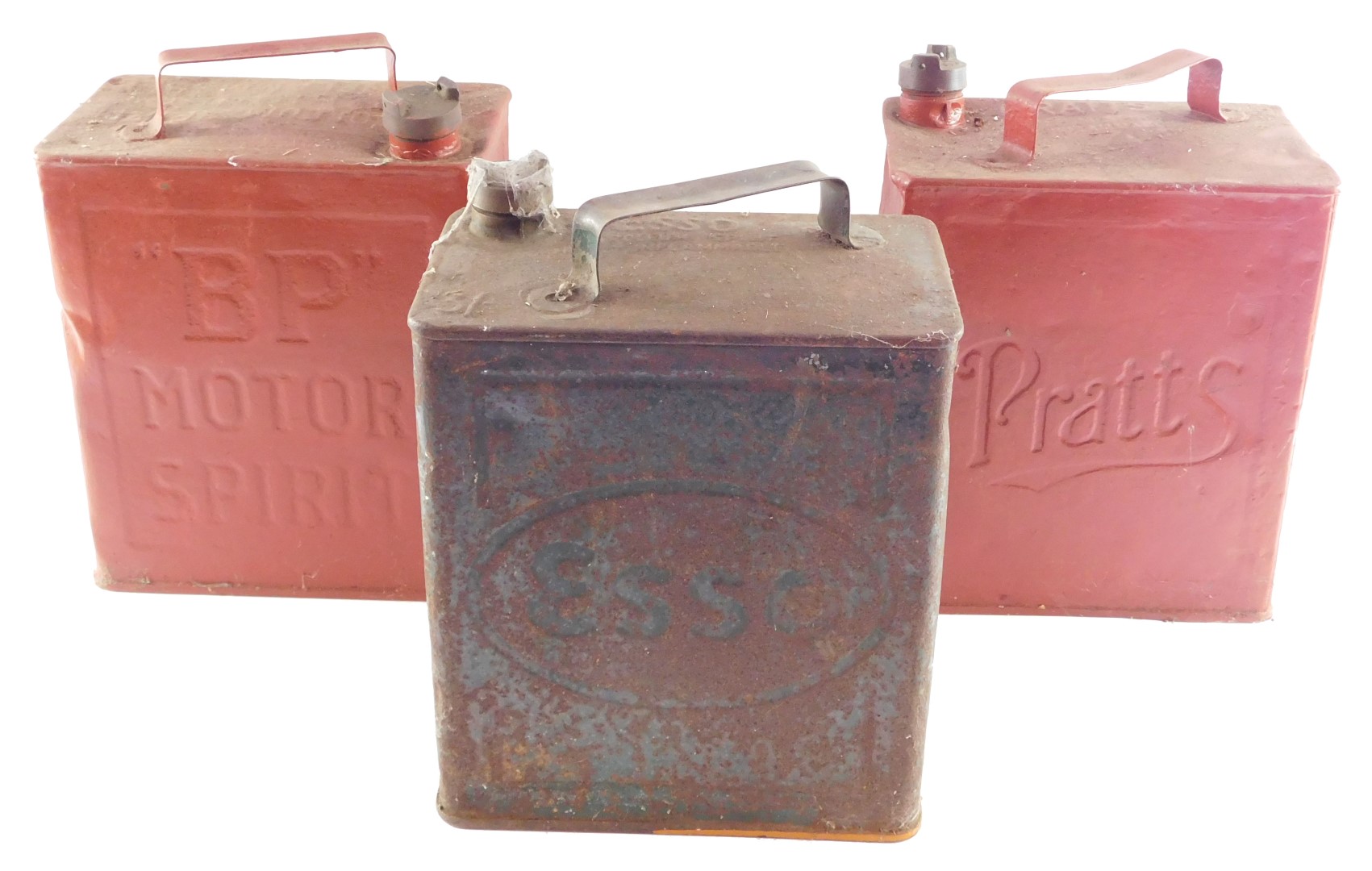 Three petrol cans, comprising Esso, BP and Pratt's.