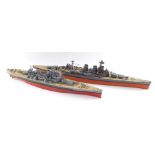 Two plastic scale models of WWII battleships, 75cm and 64cm wide respectively.
