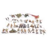 Britains and other painted lead figures, ostensibly WWI soldiers, field guns, a fire appliance, Brit