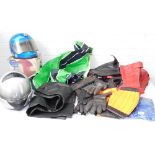 Assorted motorcycle boots, gloves and clothing, together with an AGV X3000 fibreglass motorcycle hel