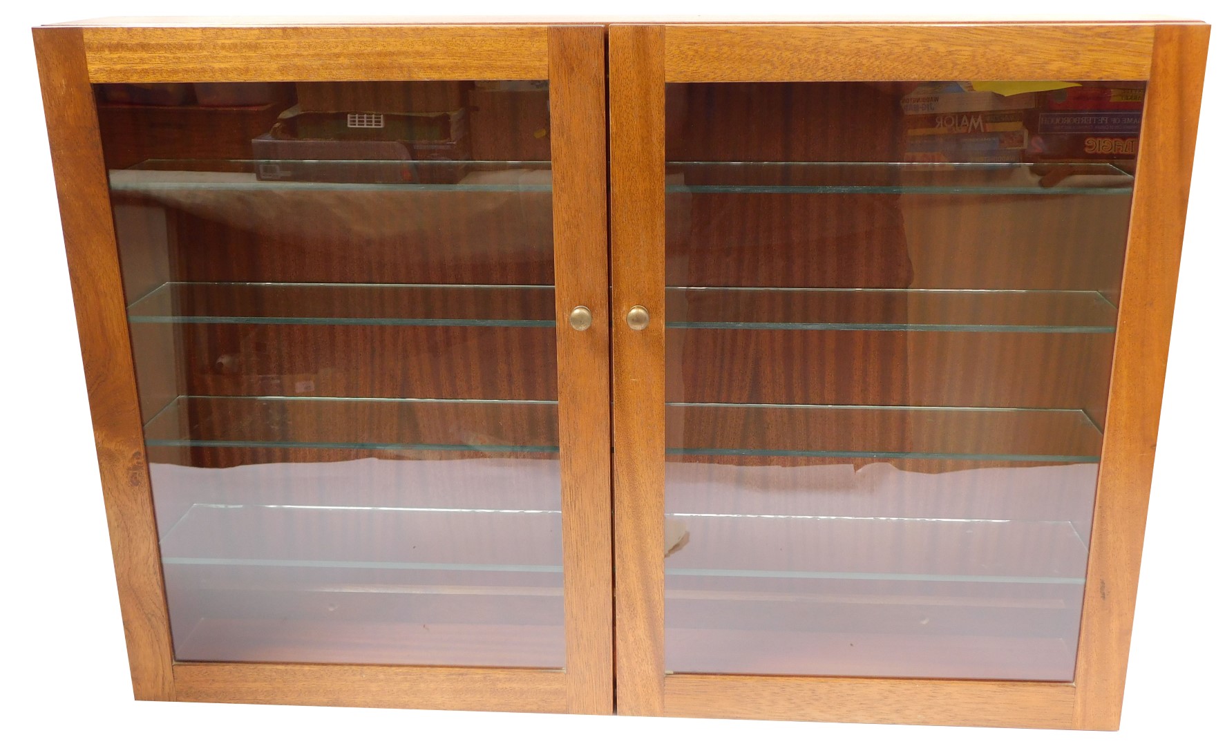 A mahogany two door collector's cabinet, with four glass shelves, 65cm high, 95cm wide, 16.5cm deep.