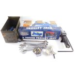 A Draper trolley jack, further jack, MG hub caps, AA badge, Derby spanners and further spanners, con