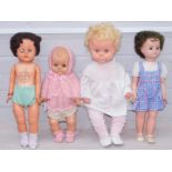 Four large plastic dolls one with sound box, all unmarked. (1 box)