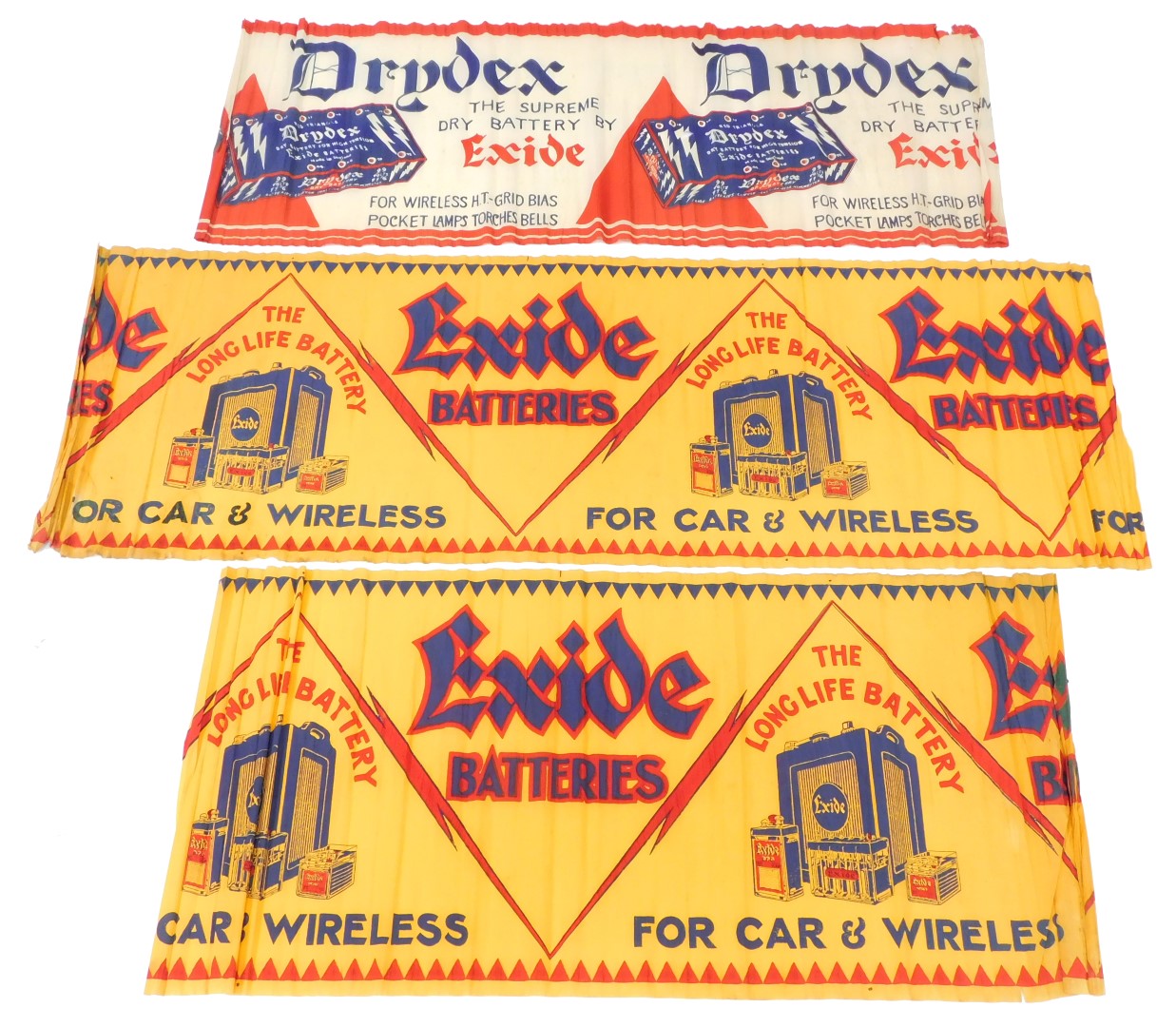 Three early 20thC tissue paper advertising banners, for Drydex, The Supreme Dry Battery By Exide ano
