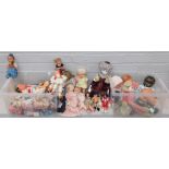 A quantity of dolls, mainly papier mache and plastic bodied, Transformer figures, etc. (2 boxes)