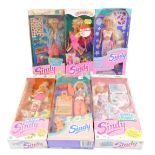 Six Sindy dolls, boxed, comprising, Jet Away, Rainbow, SOS, Denim Dazzle, Mermaid, and Pretty Picnic