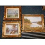 A river landscape by Cafieri, oil on canvas board, further oil painting of mallards in flight, and a
