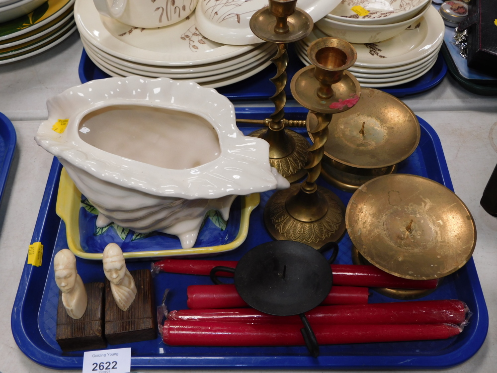 Household effects, to include a shell scallop dish, candle stands, candles, brass trivet stands, etc