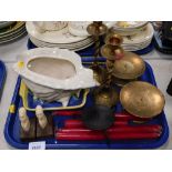 Household effects, to include a shell scallop dish, candle stands, candles, brass trivet stands, etc