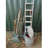 Garden tools, together with a step ladder and a galvanised bin. (a quantity)