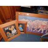 Three prints, showing Teddy Bears, pine framed.