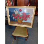 A framed wool work depicting a bowl of poppies, and a Victorian balloon back chair. (2)