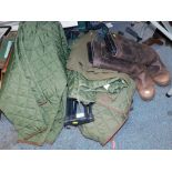 A group of hunting wares, to include Shooter King jacket, a Barbour type all weather jacket, boots,