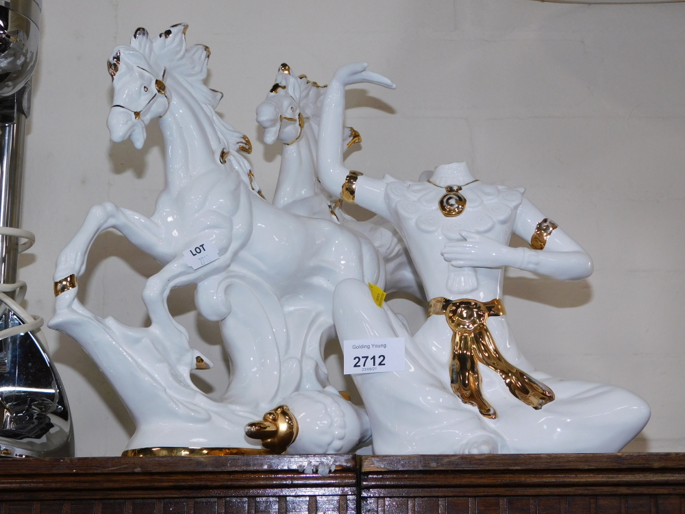 A group of white finish ornaments, seated Buddha (AF), and two riding horses. (a quantity)