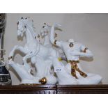 A group of white finish ornaments, seated Buddha (AF), and two riding horses. (a quantity)