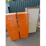 Two orange steel filing cabinets, together with a metal office cupboard. (3)