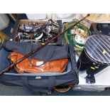 A Brabantia pedal bin, professional cookware saucepans, walking stick, travel bags, trays, etc. (1 b