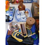 Two large blue and white meat plates, biscuit barrel, toy dog, glassware, cases, glass dish, sand do