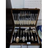 A cased canteen of silver plated and bone handled cutlery.