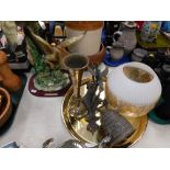A brass serving tray, Oriental goblet vase, wall mounted bell, Juliana collection ducks and a glass