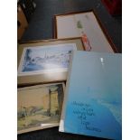 Pictures and prints, to include an embroidered floral scene, print of a coastal scene, clip frame, e