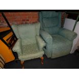 An electric reclining armchair, in green chenille, together with another armchair. (2) The upholster