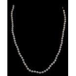 A cultured pearl necklace, in cream lustre finish with pierced yellow metal clasp stamped 14kt, 48c