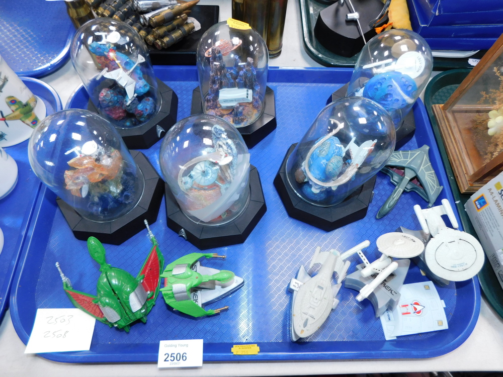 A group of Star Trek models, six in domed cases, comprising SS Botany Bay., Space Station K7., Kling