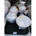 Caverswell porcelain ginger jars and covers, vases, etc., decorated with blossom. (1 tray)