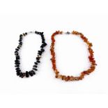 Two beaded necklaces, comprising a multi stone agate set necklace with a silver plated finish clasp