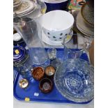 Glassware, to include jugs, vases, etc., together with a modern bee cup and saucer planter. (1 tray