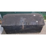 A pine chest, with rope handles and pitched lid.