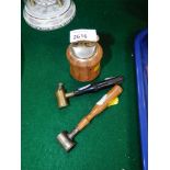 A small group of trinket items, to include two wooden handled snuff caps and a lighter. (3)